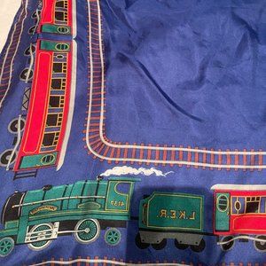STUNNING Vintage Blue Silk Scarf with Train Pattern